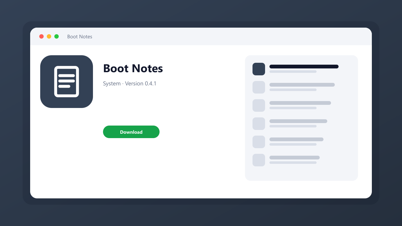 Boot Notes main window